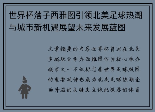 世界杯落子西雅图引领北美足球热潮与城市新机遇展望未来发展蓝图
