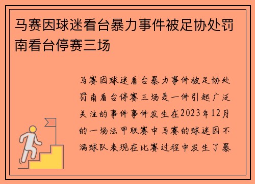 马赛因球迷看台暴力事件被足协处罚南看台停赛三场